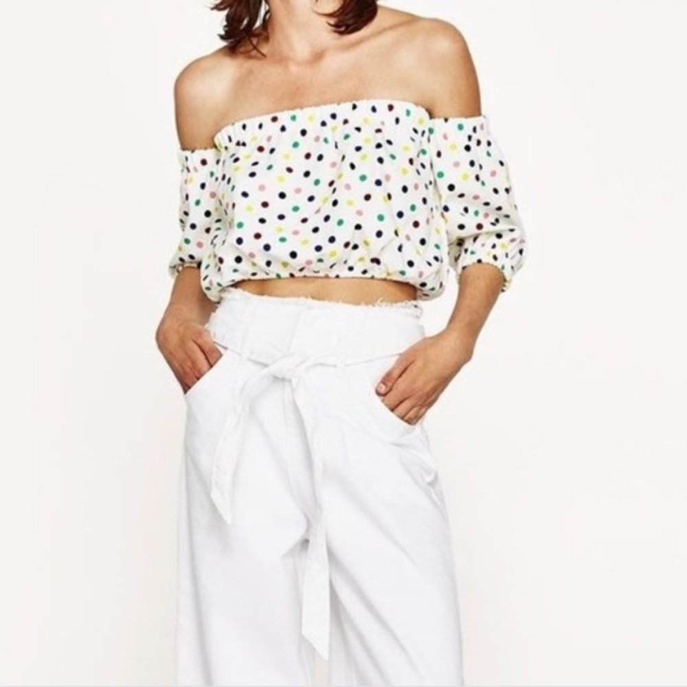Zara Colorful Off the Shoulder Polka Dot Crop Top